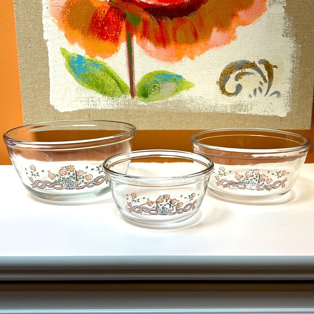 Anchor Hocking 1980’s Mixing Bowl Set Pink & Blue Rose Pattern